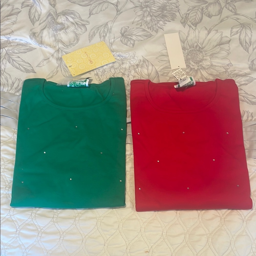 Two NWT Red and Green Embellished Long Sleeve Shirts
